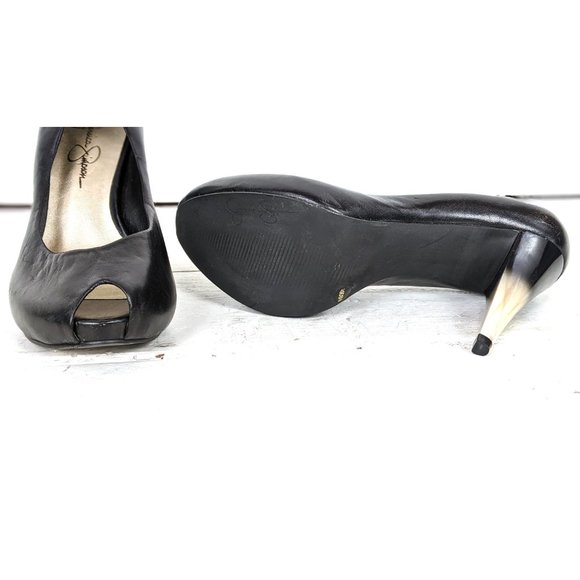 Jessica Simpson black leather high heel platform peep toe stilettos heels - Picture 6 of 7